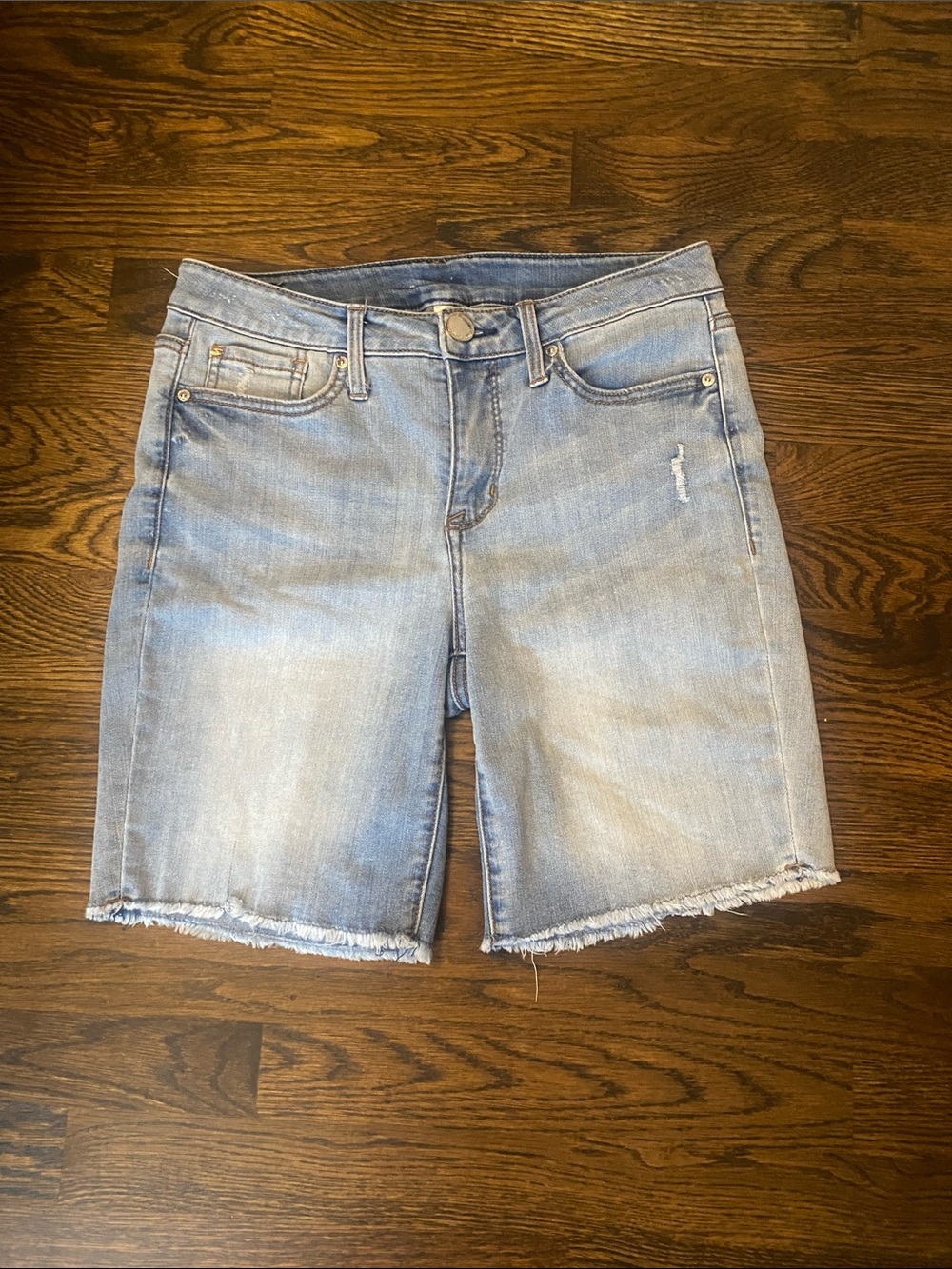 Seven7 Light Blue Frayed Hem Denim Bermuda Shorts